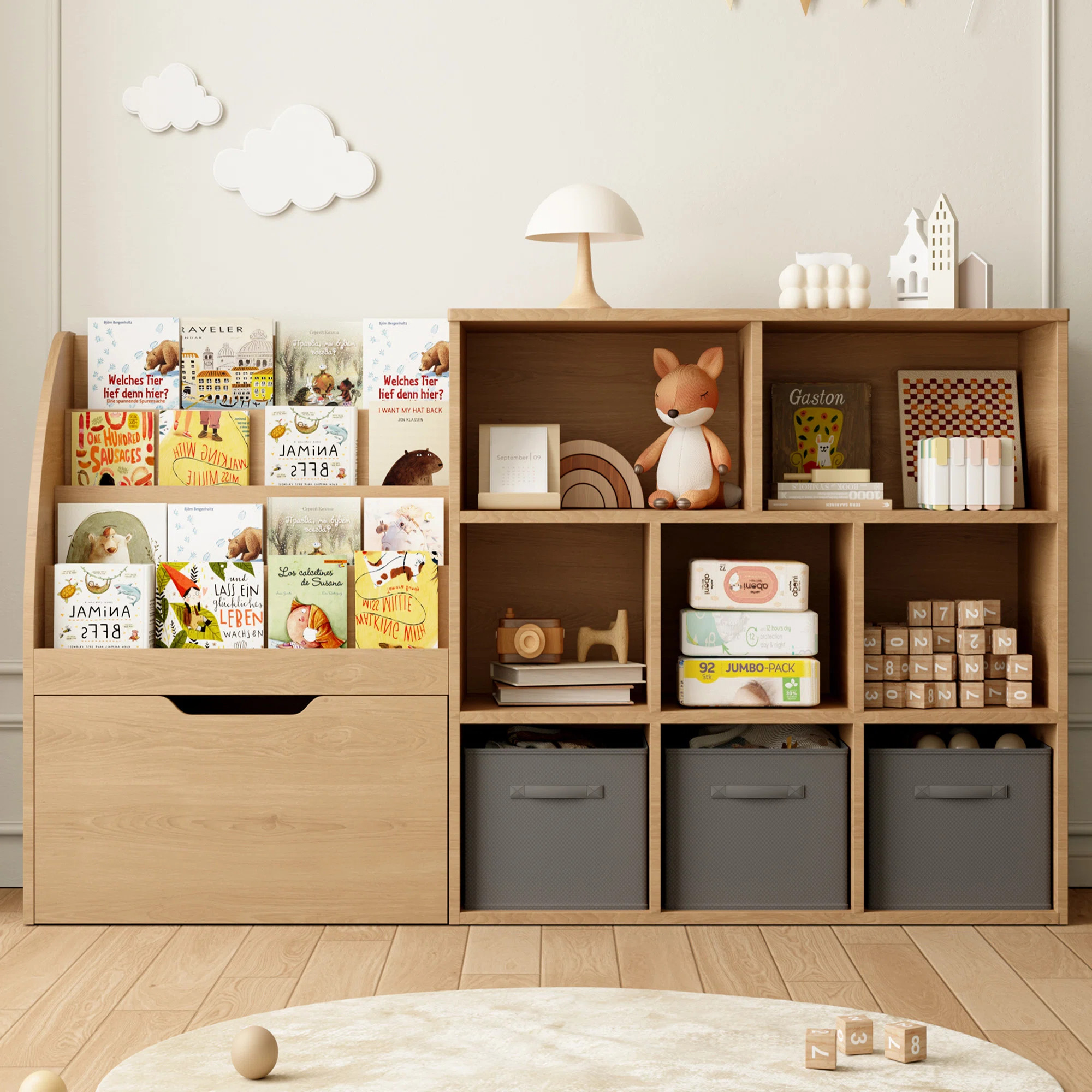 Kids Toy Organizer and Bookshelf, 67" Storage with Drawers and 5 Cubbies, Playroom Reading Nook, Natral Wood | Wayfair North America