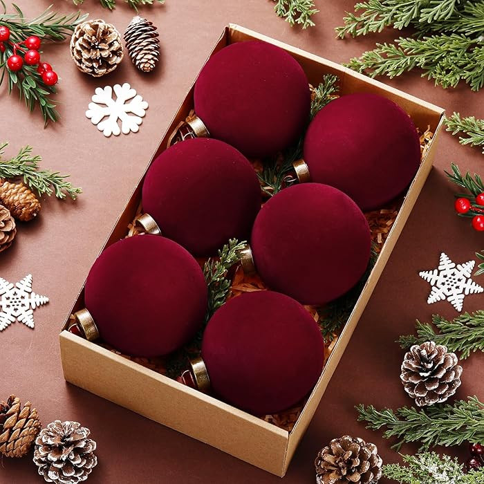 6 Pcs Burgundy Large Velvet Christmas Ball Ornaments 4'' Vintage Neutral Brown Christmas Ornament... | Amazon (US)