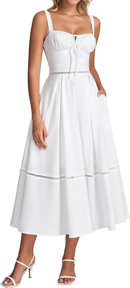 KUTUMAI Floral Corset Midi Dress Lace Up Cutout Flowy Summer Wedding Guest Dresses for Women Sund... | Amazon (US)