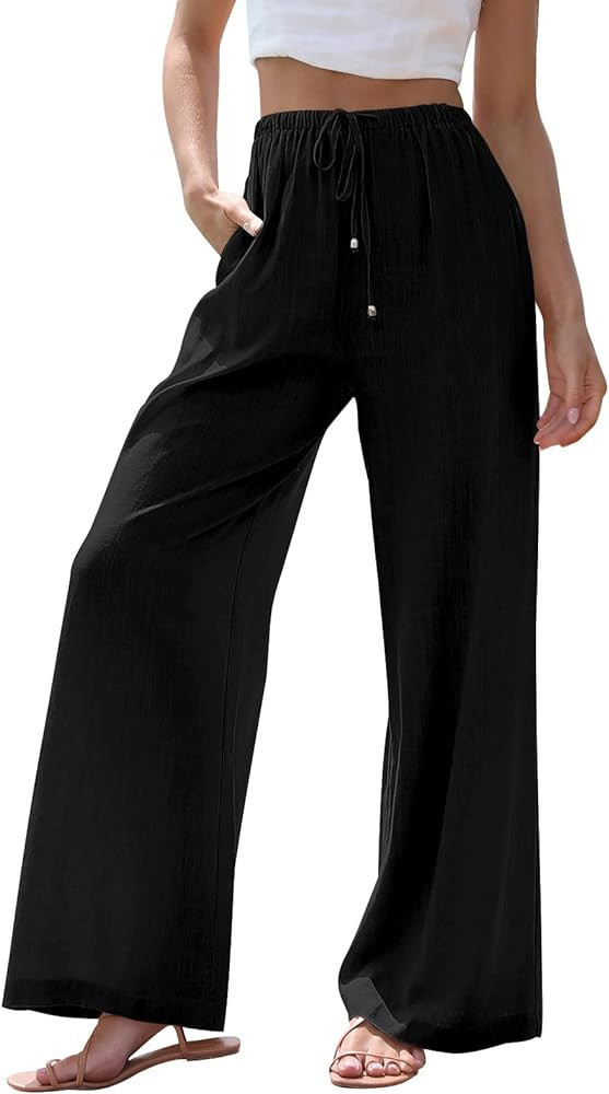 LILLUSORY Women's Linen Summer Palazzo Pants Flowy Wide Leg Beach Pants with Pockets | Amazon (US)