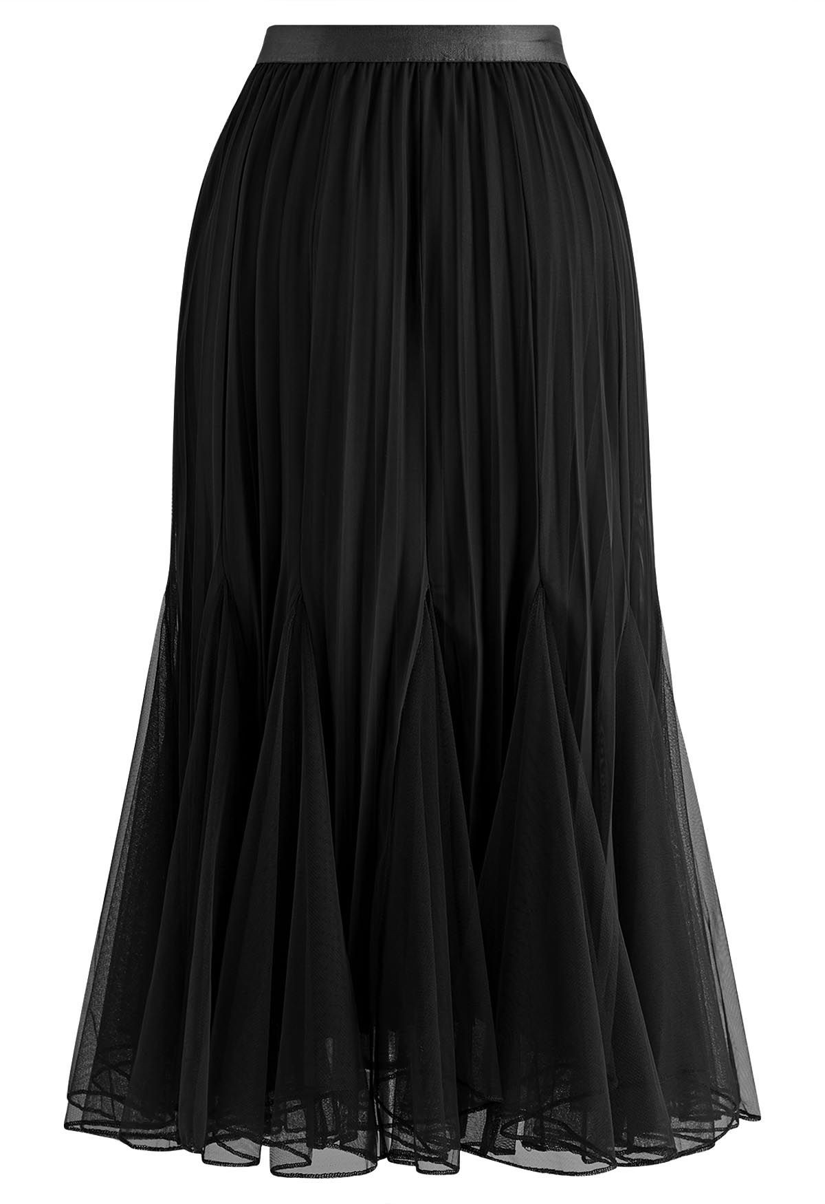 Panelled Pleated Mesh Tulle Midi Skirt in Black | Chicwish