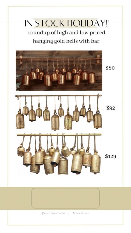 High and low priced sets of gold hanging cow bells on rod for holiday and Christmas decor 

#LTKHoliday #LTKhome #LTKSeasonal