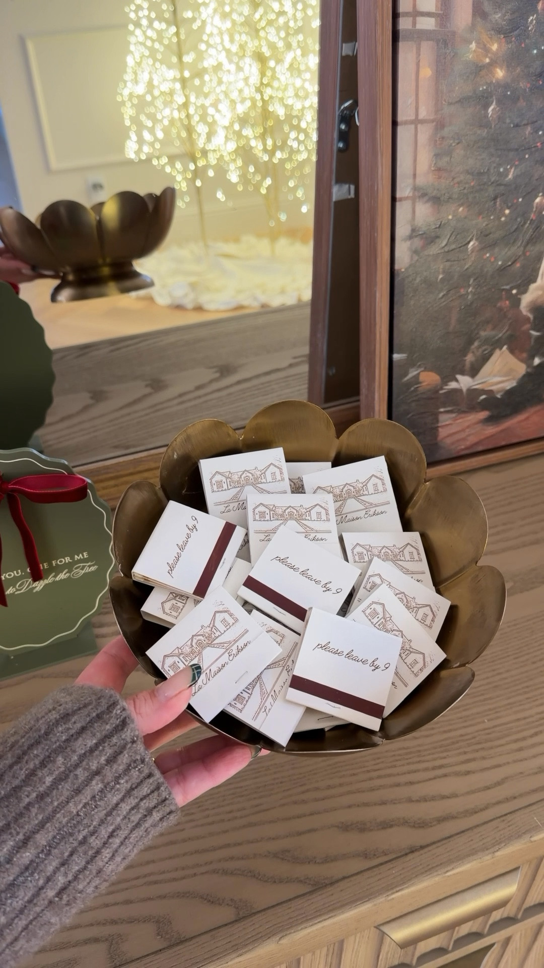 Proof that beautiful candles deserve a second life. ✨ I cleaned out this brass beauty and filled it with custom matchbooks with a sketch of our home, a sweet little touch for guests to grab on their way in or out. 🎁 


#LTKSeasonal #LTKHoliday #LTKHome