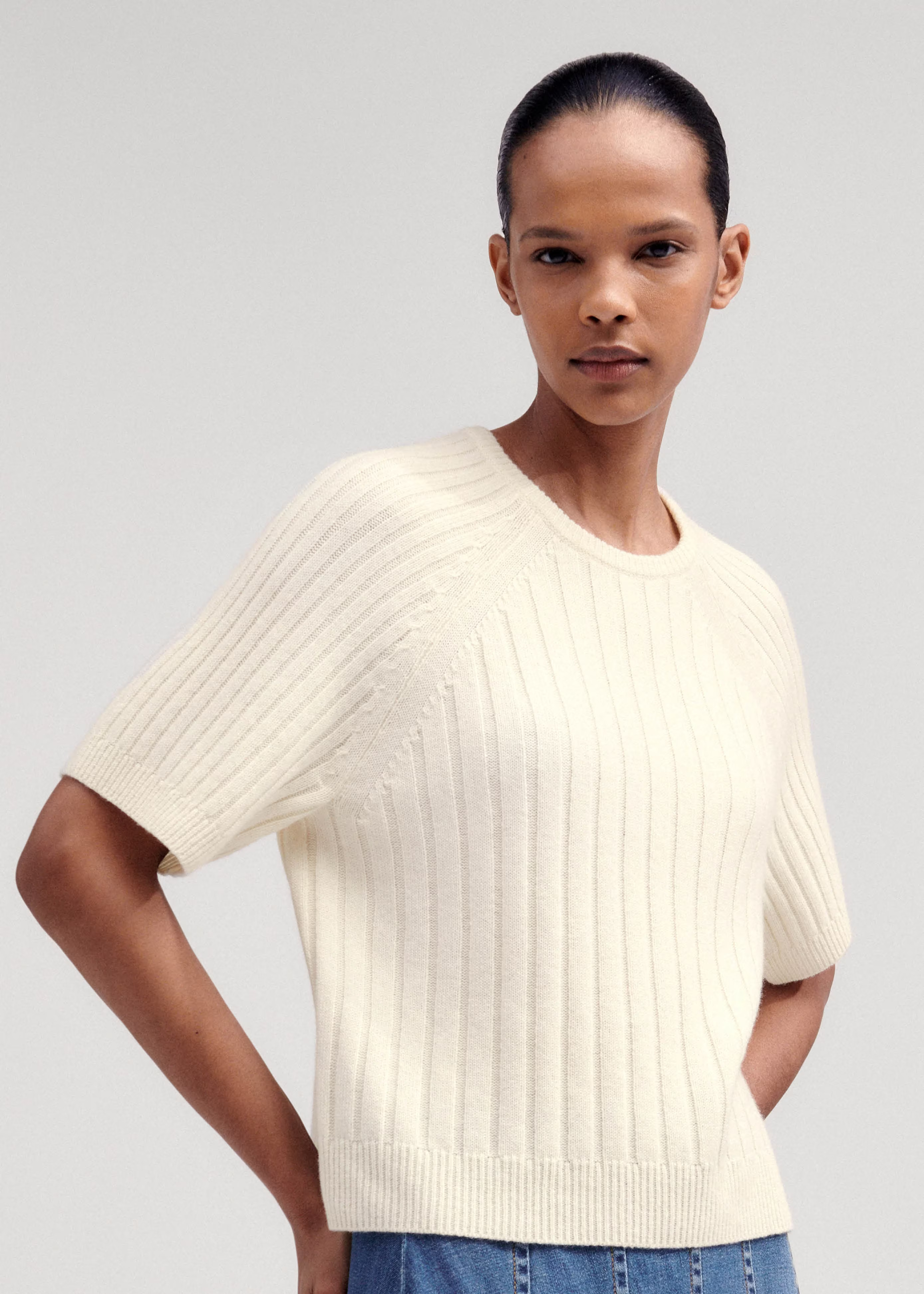 Women's Cream Merino Cashmere Crop Rib Tee | ME+EM | ME+EM US