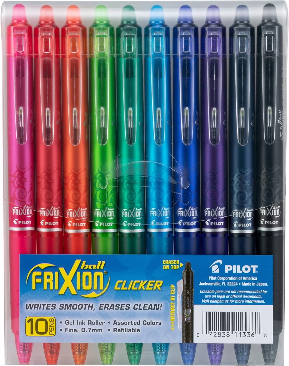 Pilot, FriXion Clicker Erasable Gel Pens, Fine Point 0.7 mm, Pack of 10, Assorted Colors | Amazon (US)