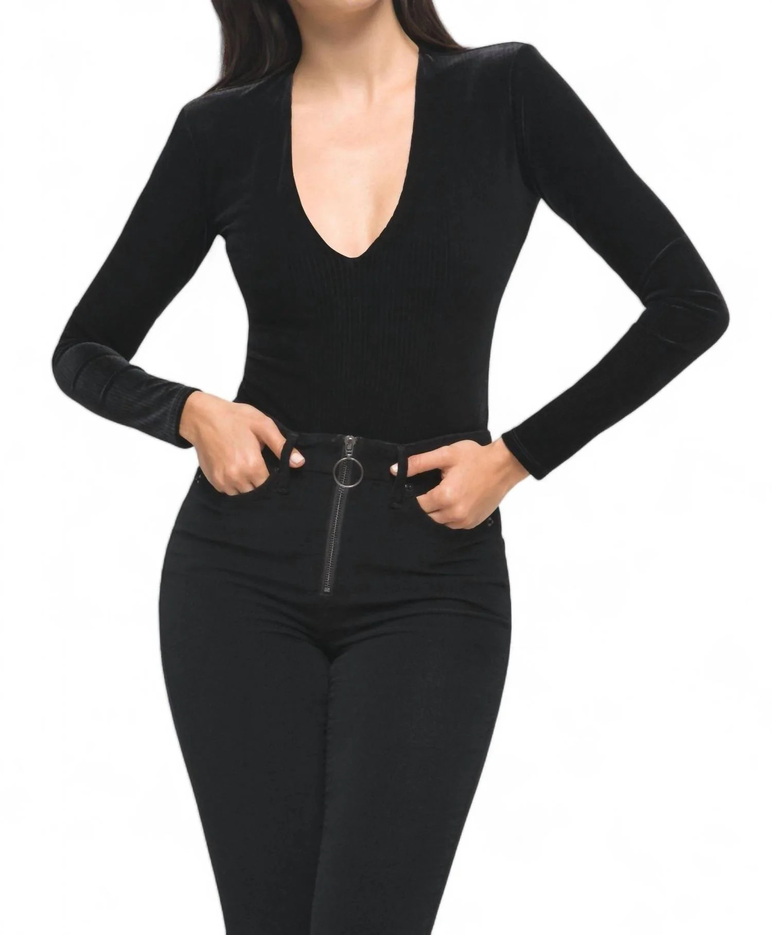 Velvet Long Sleeve Deep V Bodysuit In Black | Shop Simon