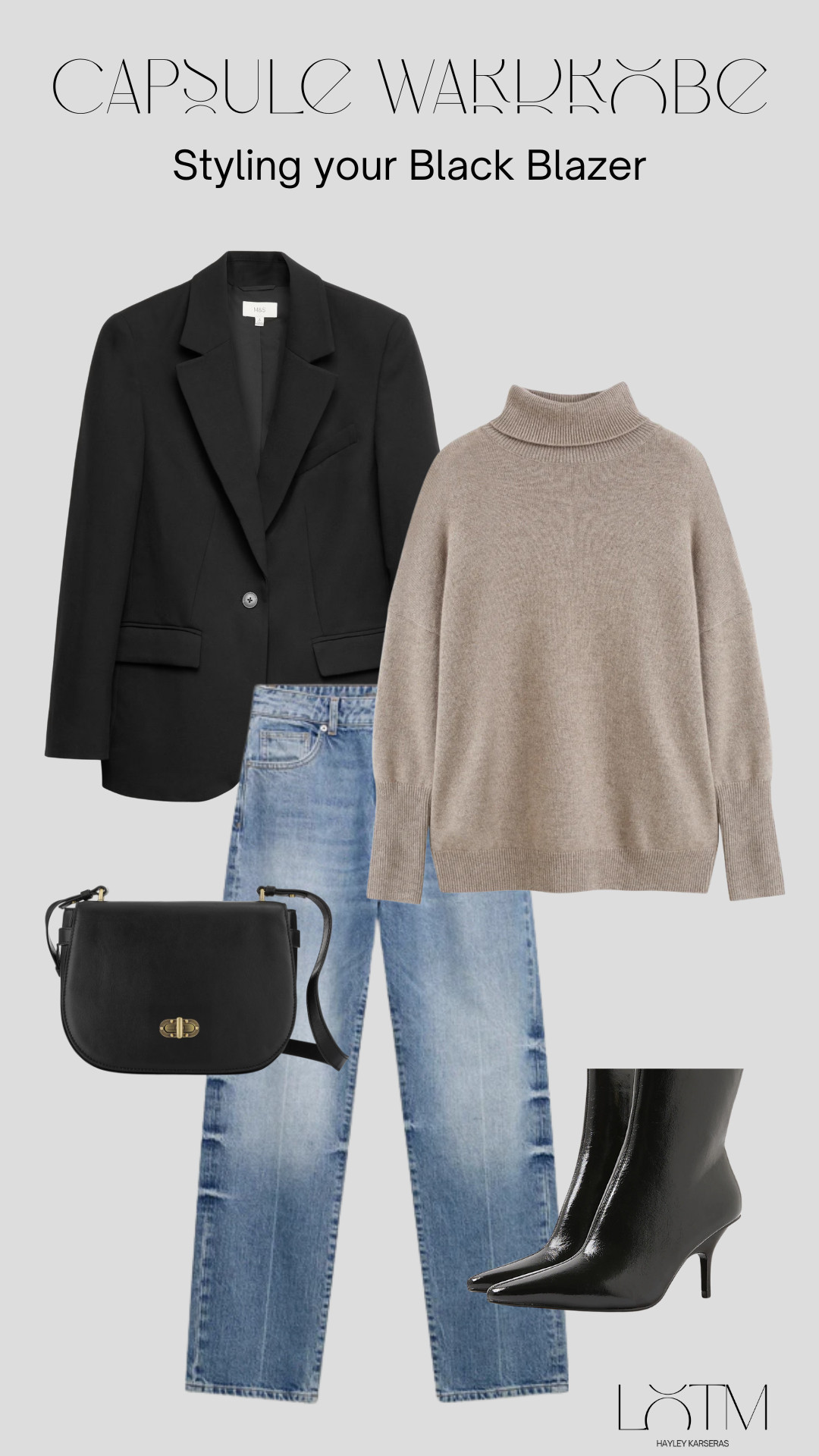 Styling pieces from my capsule wardrobe collection! Black blazer, taupe rollneck, black boots, black cross body bag, blue jeans  

 #LTKuk #LTKwinter #LTKstyletip