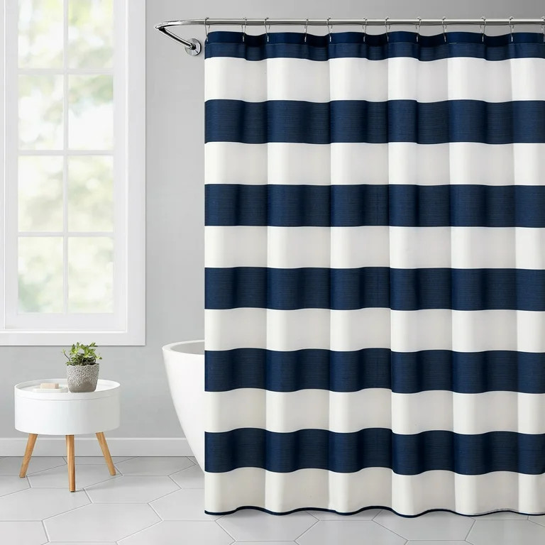 Mainstays Blue Cabana Striped Printed 72" x 72" Ribbed Textured Shower Curtain, Polyester | Walmart (US)