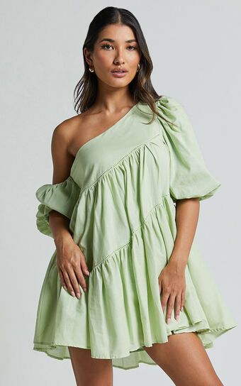 Harleen Mini Dress - Linen Look Asymmetrical Trim Puff Sleeve Dress in Sage | Showpo (US, UK & Europe)