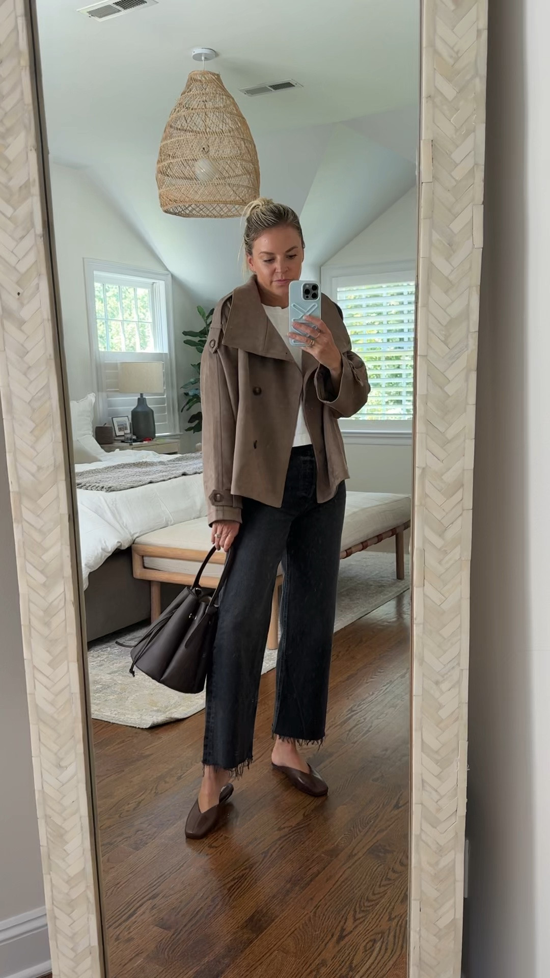 Love when jackets have a fun neckline! 
•coat runs a bit oversized, went with the XS 
•small tee 
•26R jeans, tts, I’m 5’5 
•flats tts
