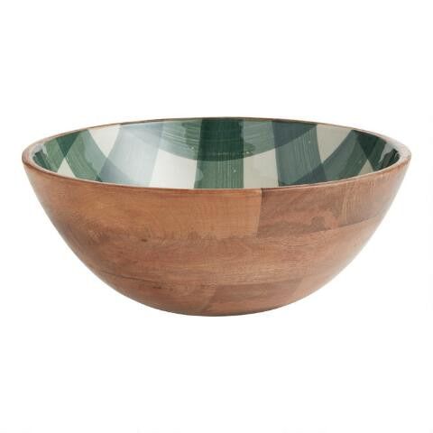 Harvest Green Plaid Enamel Wood Serving Bowl | World Market