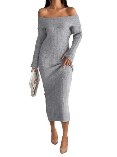 LILLUSORY Women Fall Off The Shoulder Baby Shower Midi Sweater Dress 2025 Wedding Guest Long Sleeve Bodycon Date Night Outfit Grey M | Amazon (US)