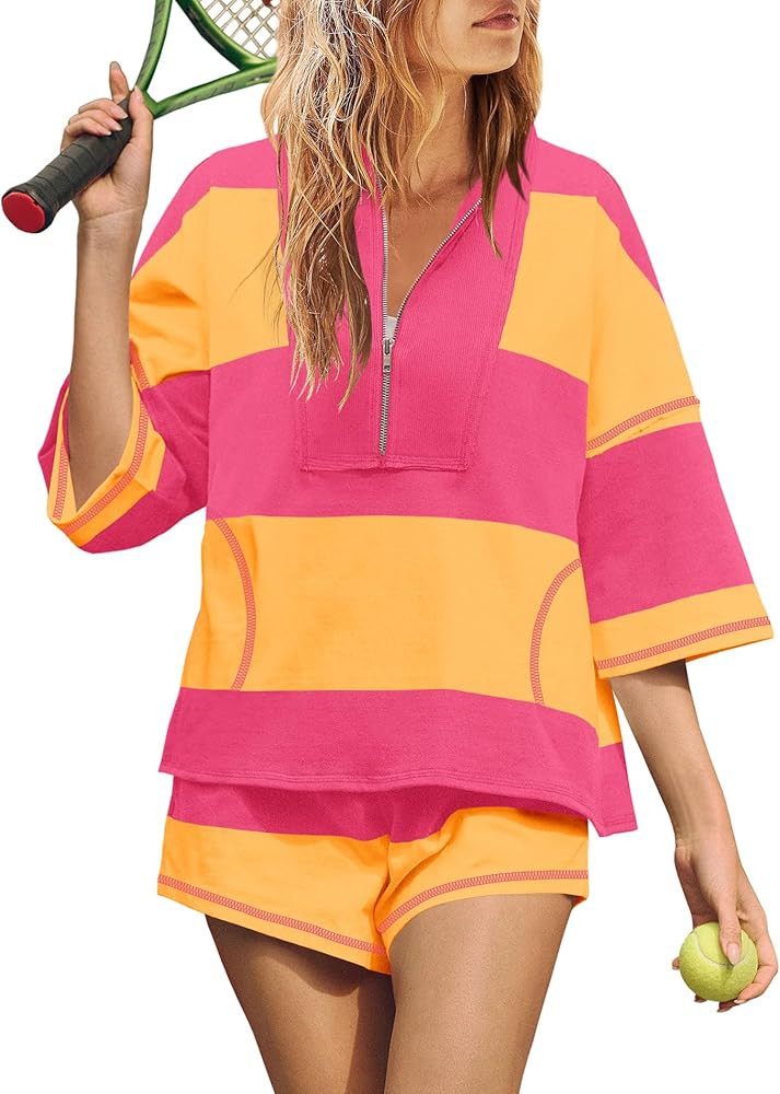 Yanekop Womens 2 Piece Outfits Summer Striped Lounge Set Two Piece Matching Workout Sets Oversize... | Amazon (US)