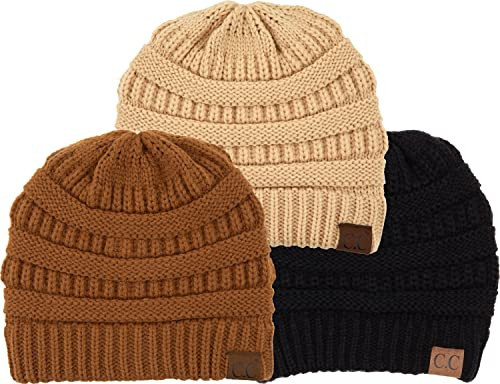 Funky Junque Black Toboggan for Women, Soft Stretch Cable Knit Slouchy Beanie Hat, 3 Pack (Black, Peanut & Clay) | Amazon (US)