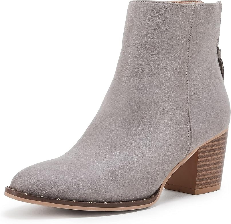 Womens Pointed Toe Ankle Boots Chunky Stacked Block Mid Heel Back Cutout Zipper Booties | Amazon (US)