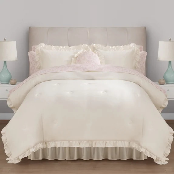 Mainstays All in One Reversible Comforter and Sheet set- 11 Piece, Queen, Cream Ruffle | Walmart (US)