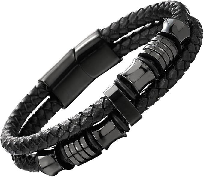 Mens Double-Row Braided Leather Bracelet Bangle Wristband with Stainless Steel Ornaments | Amazon (US)
