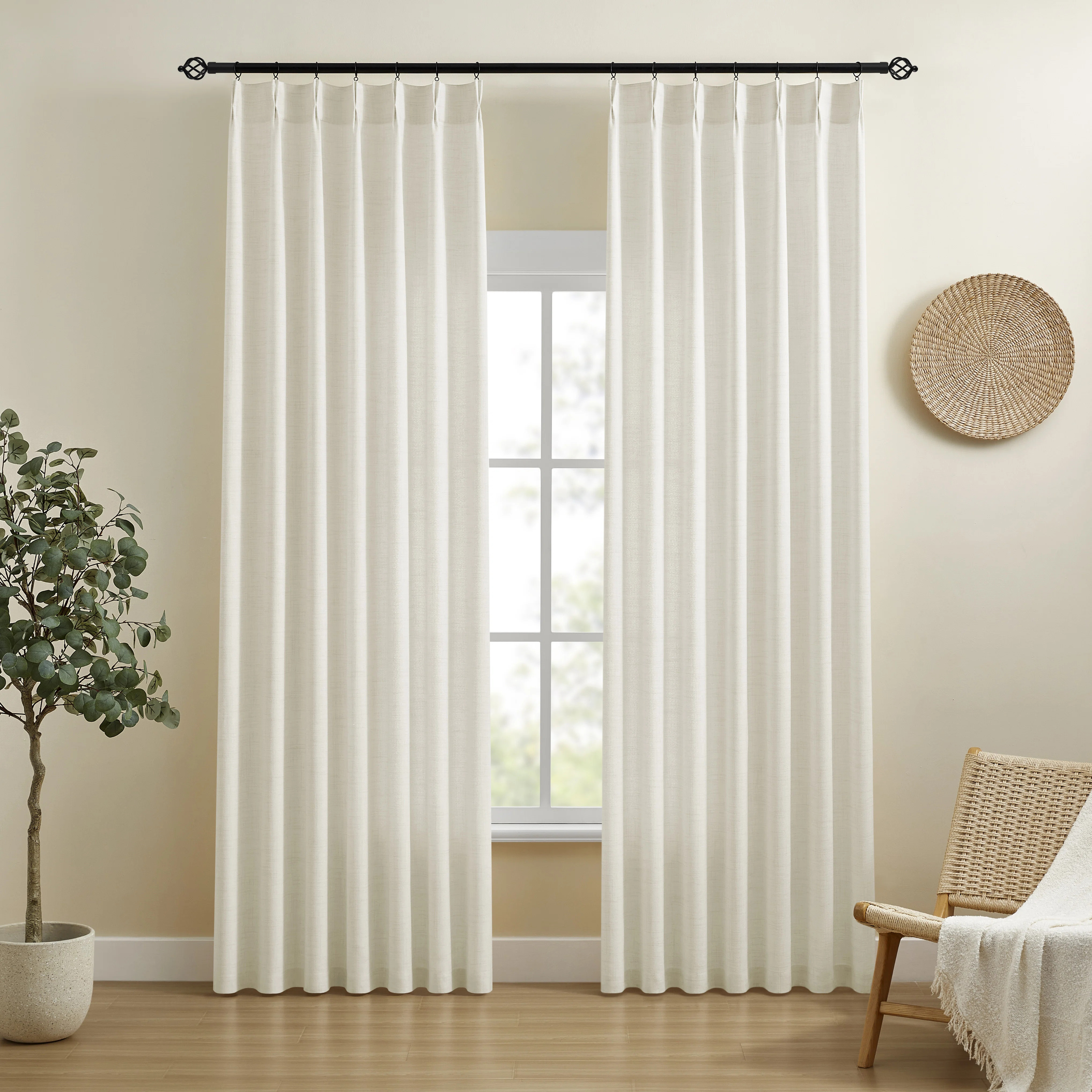 Pinch Pleated Light Filtering Linen Blended Curtains, Boho Back Tab Semi Sheer Drapes with Metal ... | Wayfair North America