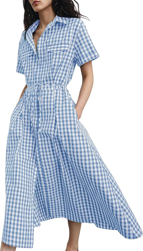 Daacee Women's Gingham Midi Shirt Dress Casual Collared Short Sleeve Tie Belt Button Down Long Co... | Amazon (US)