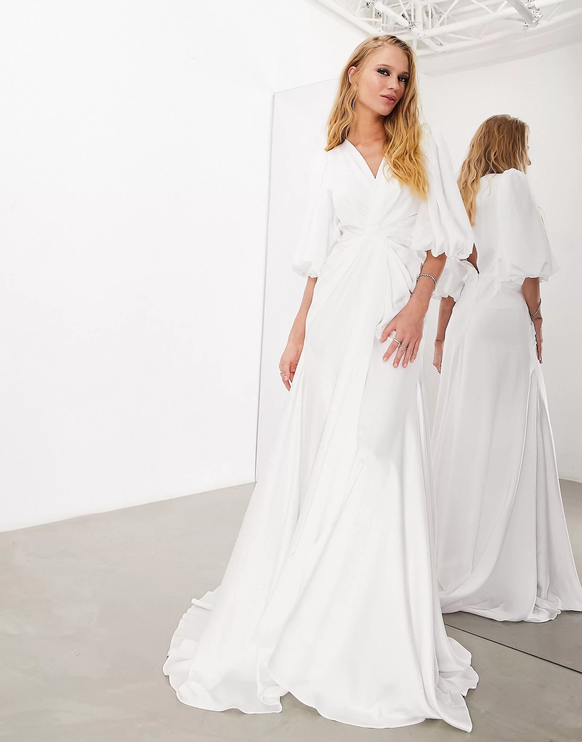 ASOS EDITION Bluebell drape wrap satin wedding dress with blouson sleeve in ivory | ASOS (Global)