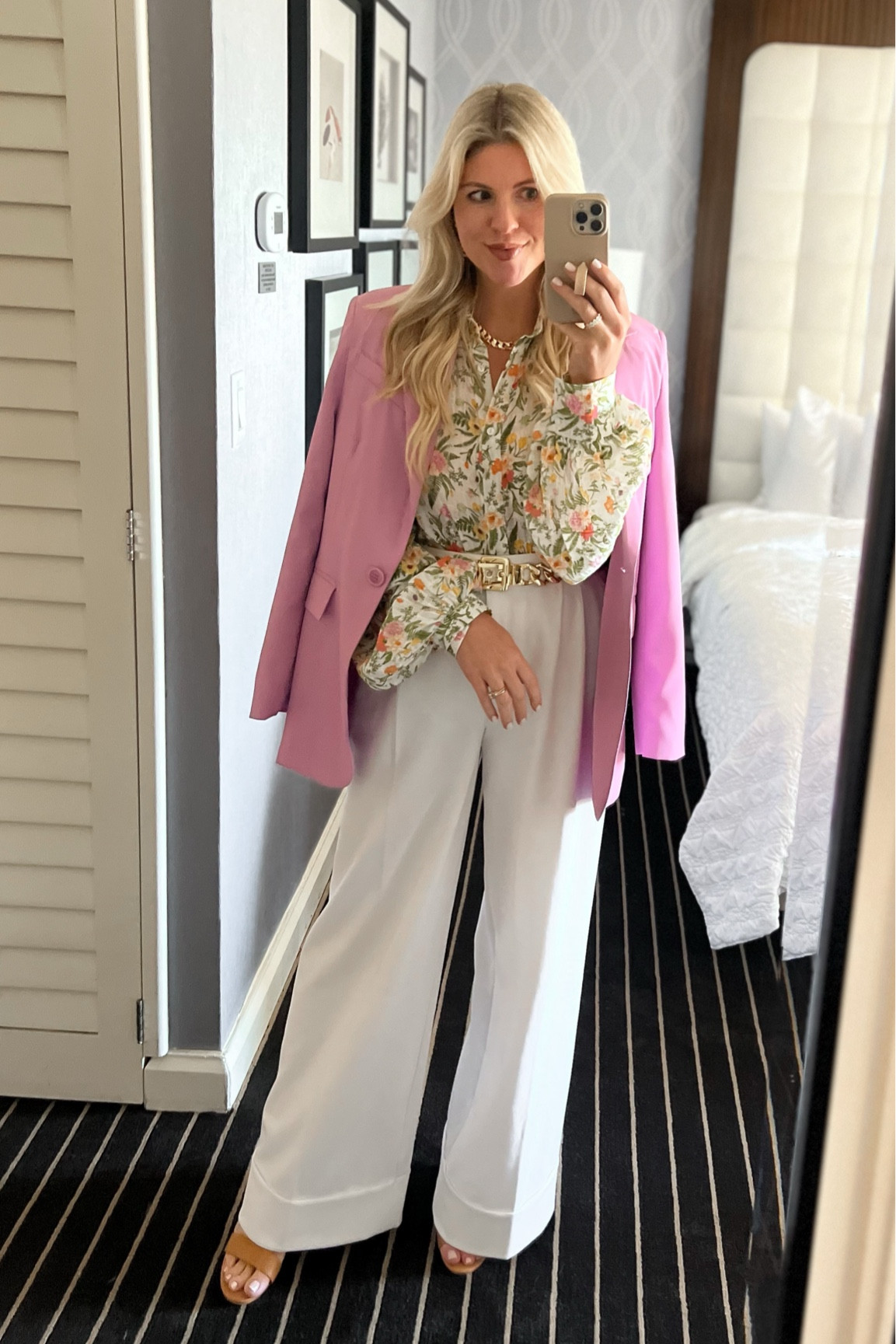ASTR pink blazer, red dress floral button up top, gold belt, gold jewelry, express white workwear pants, neutral heels 

#LTKstyletip #LTKworkwear #LTKFind