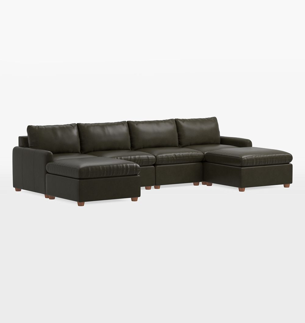 Roswell Leather 6-Piece Double Ottoman Sectional Sofa, Classic - Echo Moss | Rejuvenation