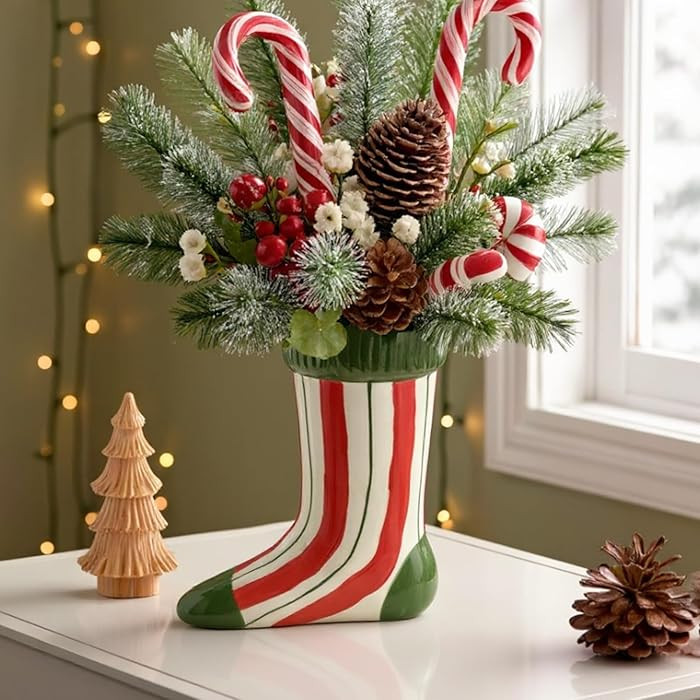 Ceramic Christmas Sock Vase, Height 8 inch Unique Festival Decoration for Indoor Holiday Party Xm... | Amazon (US)