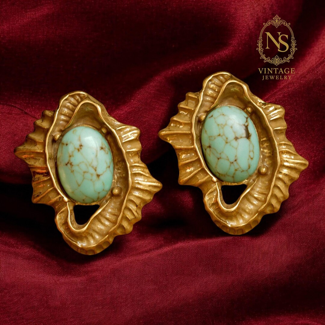 A Pair Vintage Stud Earrings, 18k Gold Plated Ornate, Turquoise Cabochon, Mom Grandma Gift, Handm... | Etsy (US)