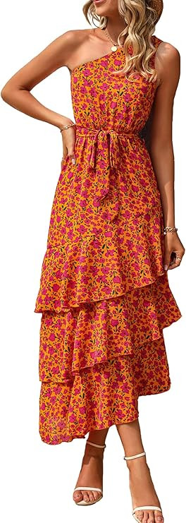 PRETTYGARDEN Women's Summer Floral Sundress Casual One Shoulder Tiered Ruffle Flowy Midi Beach Bo... | Amazon (US)