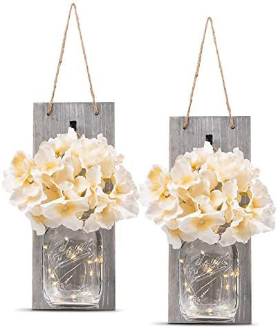 HOMKO Decorative Mason Jar Wall Decor - Rustic Wall Sconces with 6-Hour Timer LED Fairy Lights an... | Amazon (US)