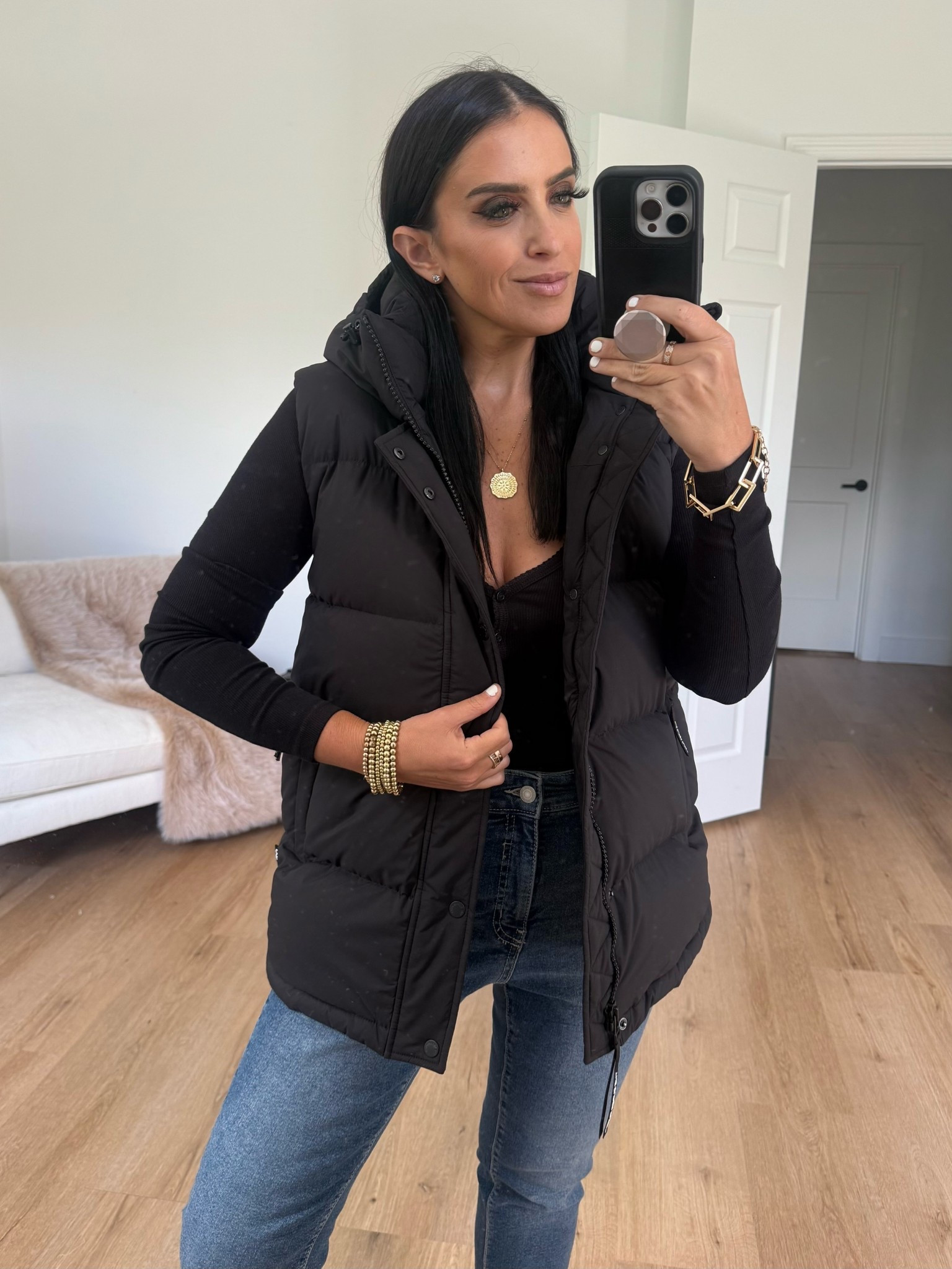 Aritizia The Super Puff™ The Super Puff™ wearing size small. HomeStretch™ Rib Lace Henley Longsleeve wearing size small. 
