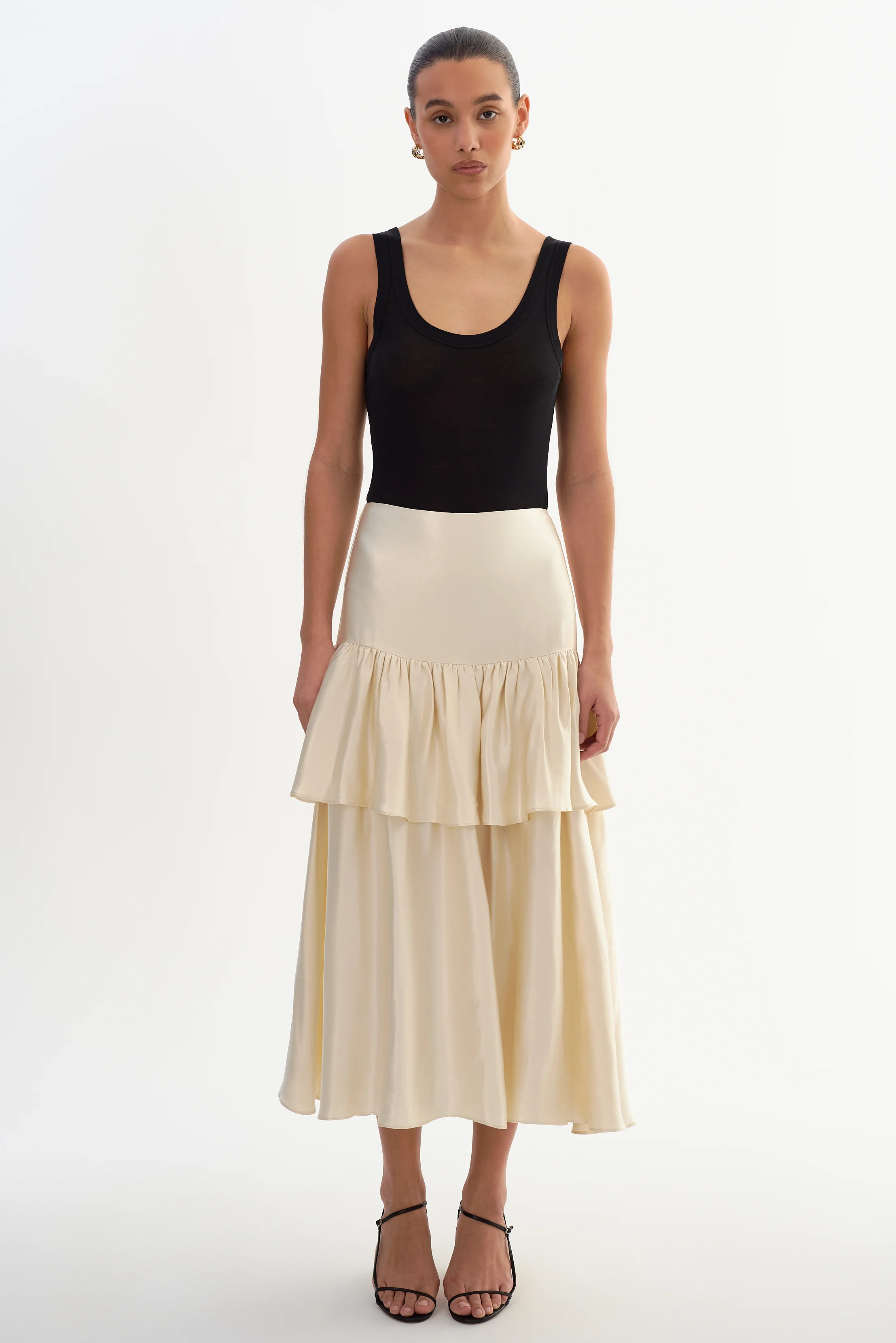 CHALINA | Ruffle Satin Midi Skirt | LAMARQUE