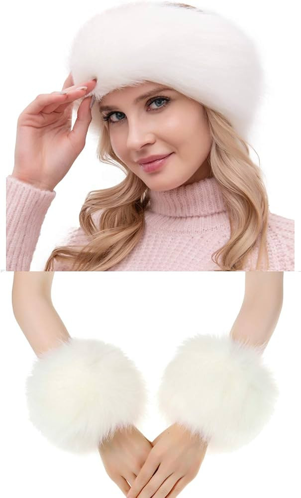 2 Pieces Faux Fur Headband Arm Warmers Wrist Cuffs Earmuff Ear Warmer for Cold Weather Furry Cost... | Amazon (US)
