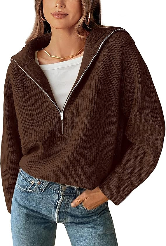 BTFBM Women’s Casual Long Sleeve Half Zip Pullover Sweaters Solid V Neck Collar Ribbed Knitted ... | Amazon (US)