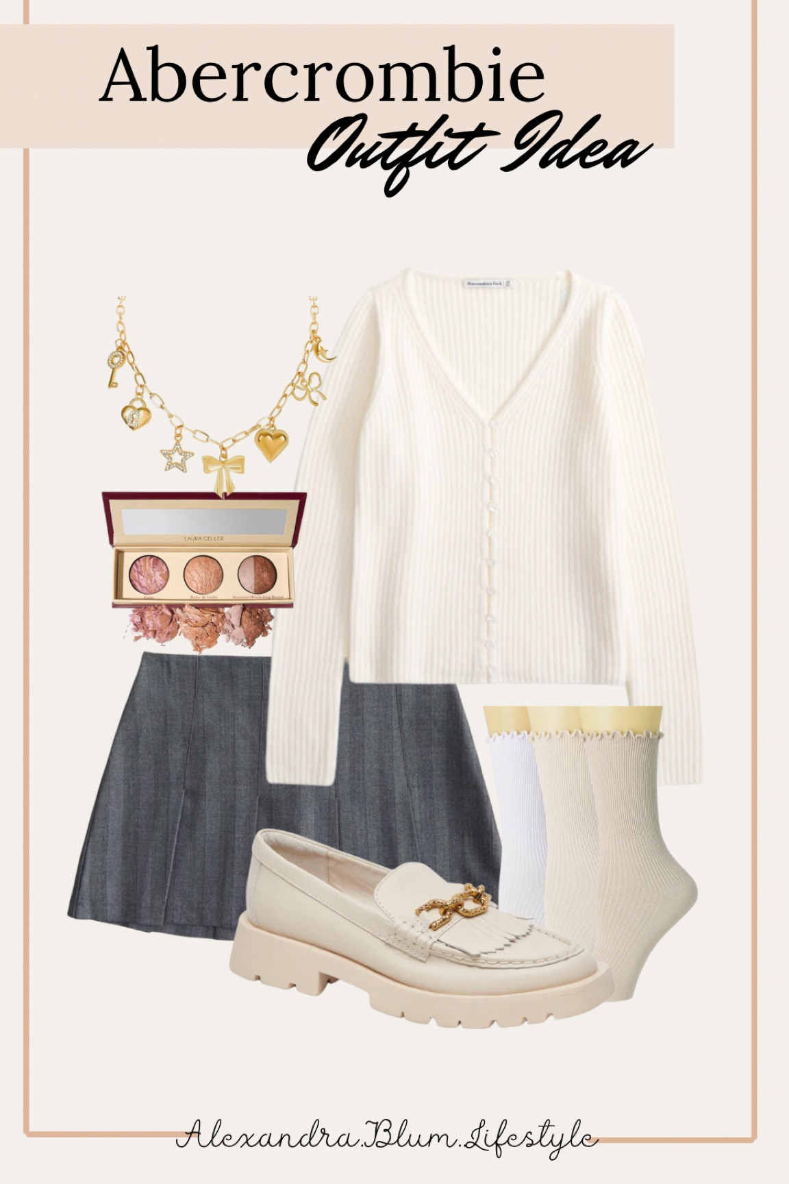 Abercrombie outfit idea! Winter outfit! Winter date night outfit! Church outfit! Thanksgiving outfit! White cardigan with a grey pleated skirt, scalloped socks, ivory loafer, gold charm necklace, and Amazon makeup! Pleated skirt outfit! 

#LTKBeauty #LTKFindsUnder50 #LTKFindsUnder100