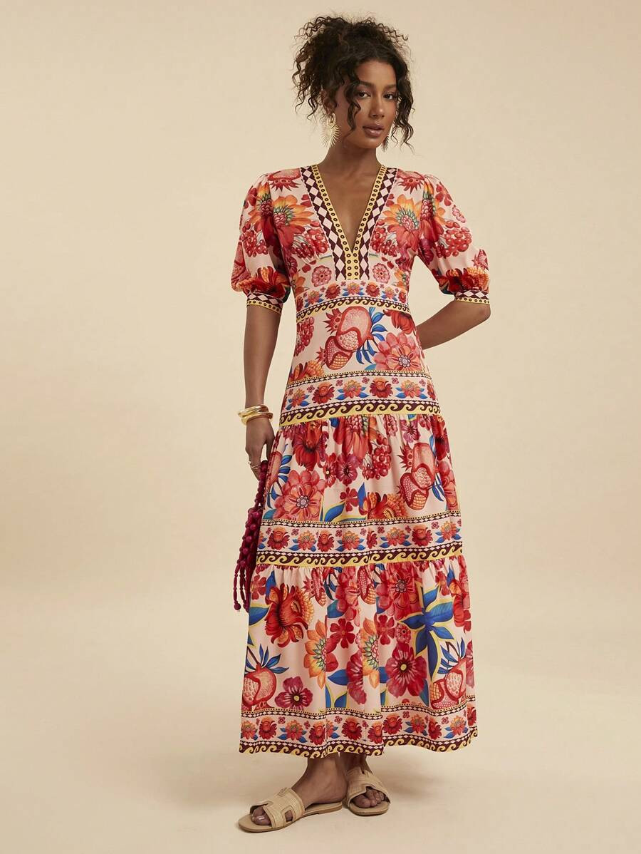 Travachic Floral Print Women Holiday Short Puff Sleeve Dress,Summer Outfits For Women,Beachwear,E... | SHEIN