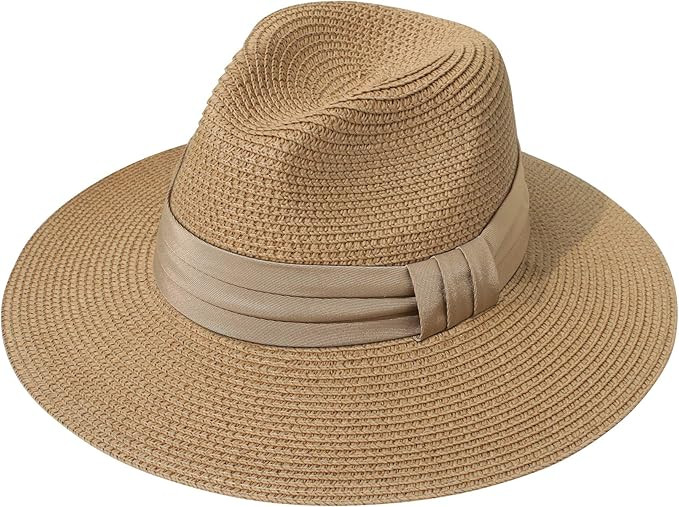 Lanzom Women Wide Brim Straw Panama Roll up Hat Fedora Beach Sun Hat UPF50+ | Amazon (US)