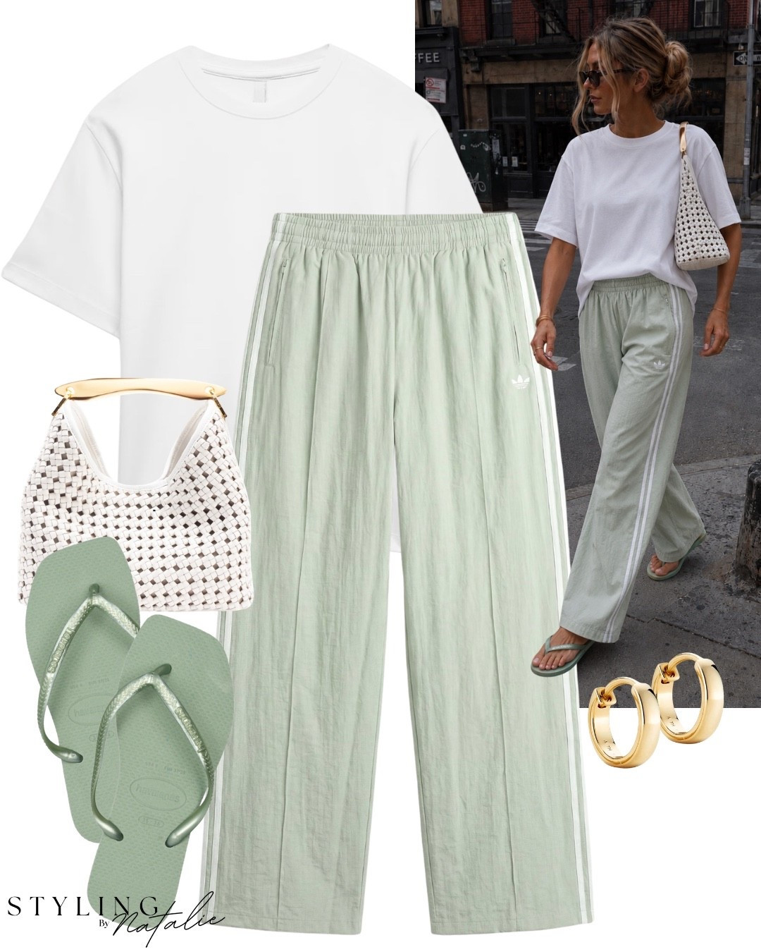 ADIDAS X ASOS
Sage Green Adidas Originals track pants, white t-shirt, sage Havaianas flip flops, gold hoop earrings and white woven bag.
Summer outfit, sporty chic, everyday look, casual, travel outfit, transitional style @ASOS @Elleme

#LTKFashionMonth #LTKsummer #LTKuk