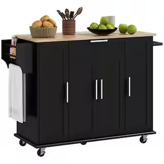 Black Wood 52 in. Kitchen Island with Cabinets | The Home Depot