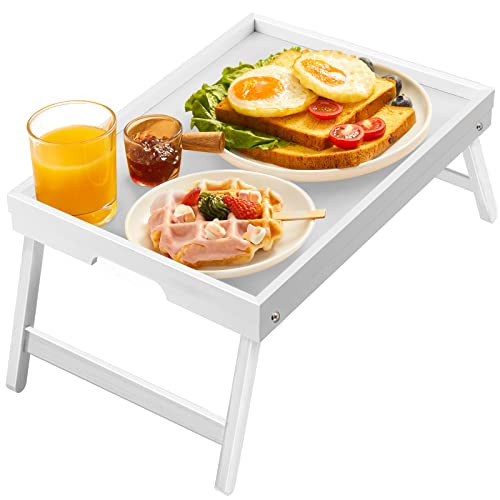 Bamboo Bed Tray for Breakfast, Snack Table with Folding Legs for Eating, Sofa, Couch, Working by Pipishell (White) | Amazon (US)