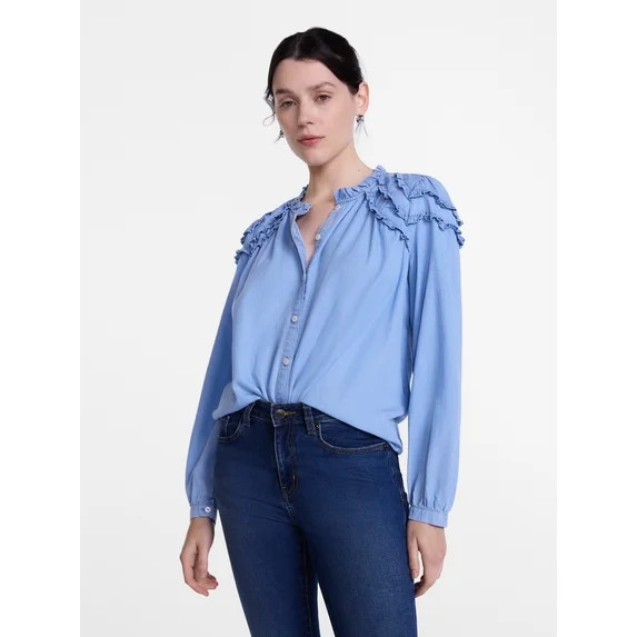 Scenario Women's and Women's Plus Ruffle Shoulder Top with Long Sleeves, Size XS-4X | Walmart (US)