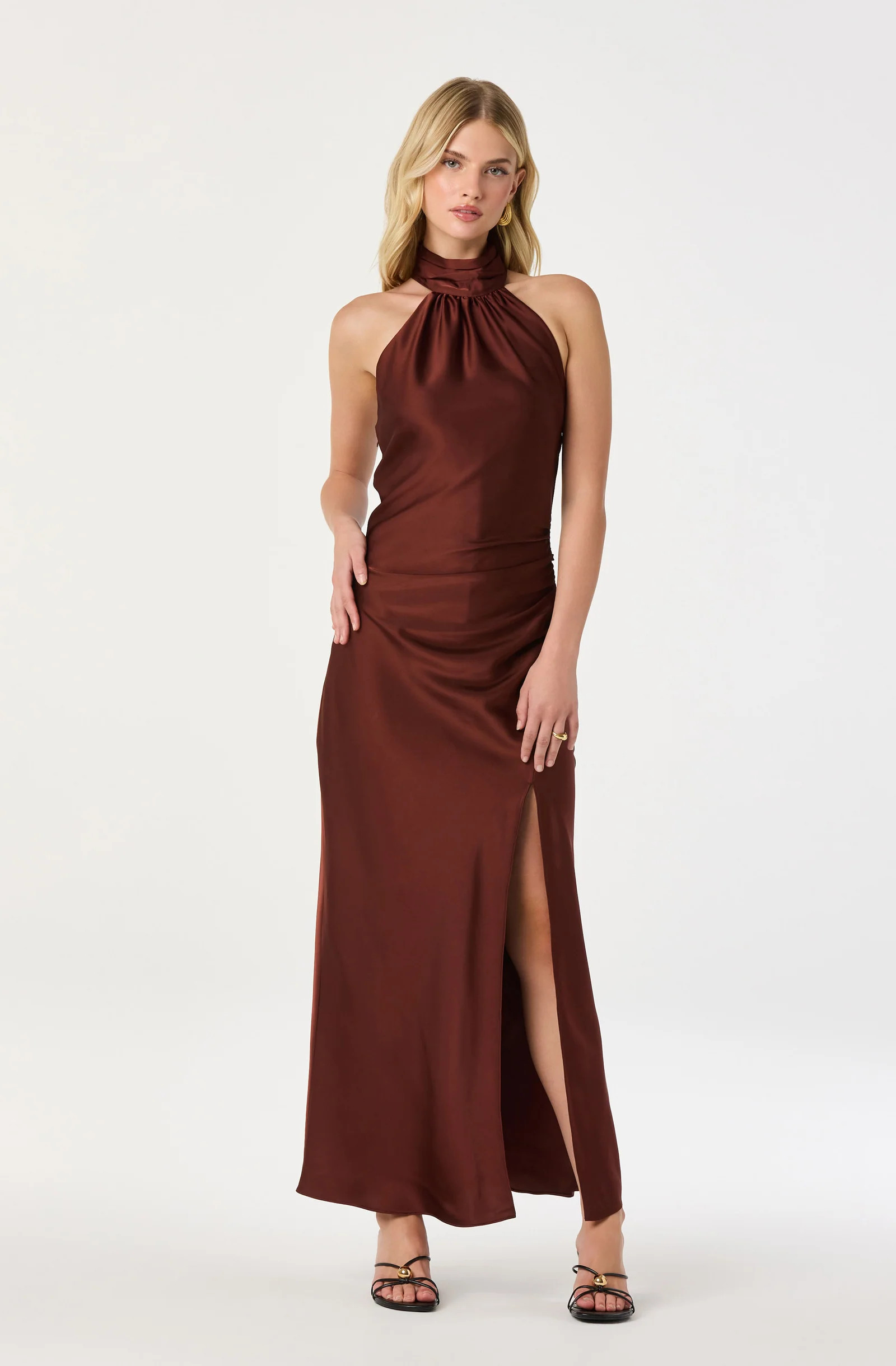 Jasmin Satin Halter Maxi Dress - Mulberry brown / XS | ASTR The Label (US)