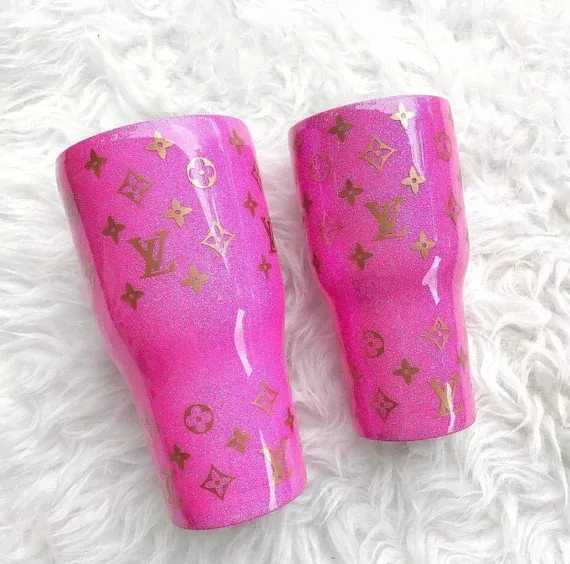 Louis Vuitton inspired glitter tumbler  Glitter tumbler cups, Yeti cup  designs, Custom tumbler cups