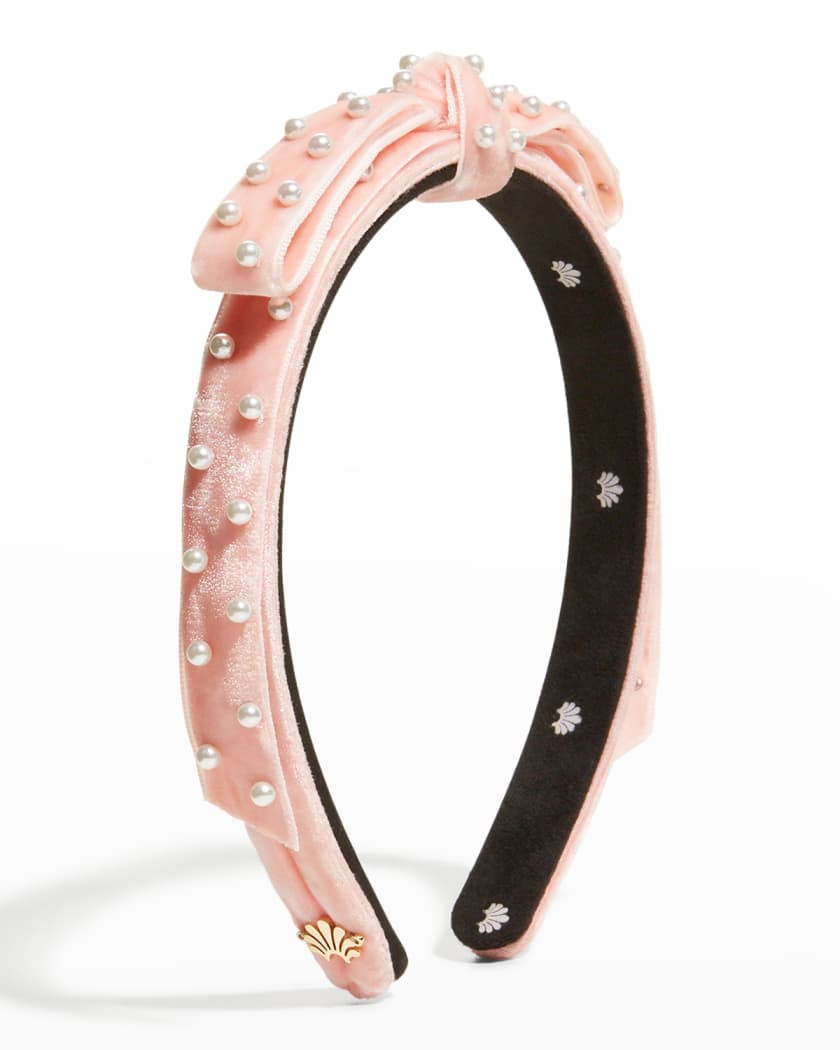 Lele Sadoughi Pearly Bow Velvet Slim Headband | Neiman Marcus