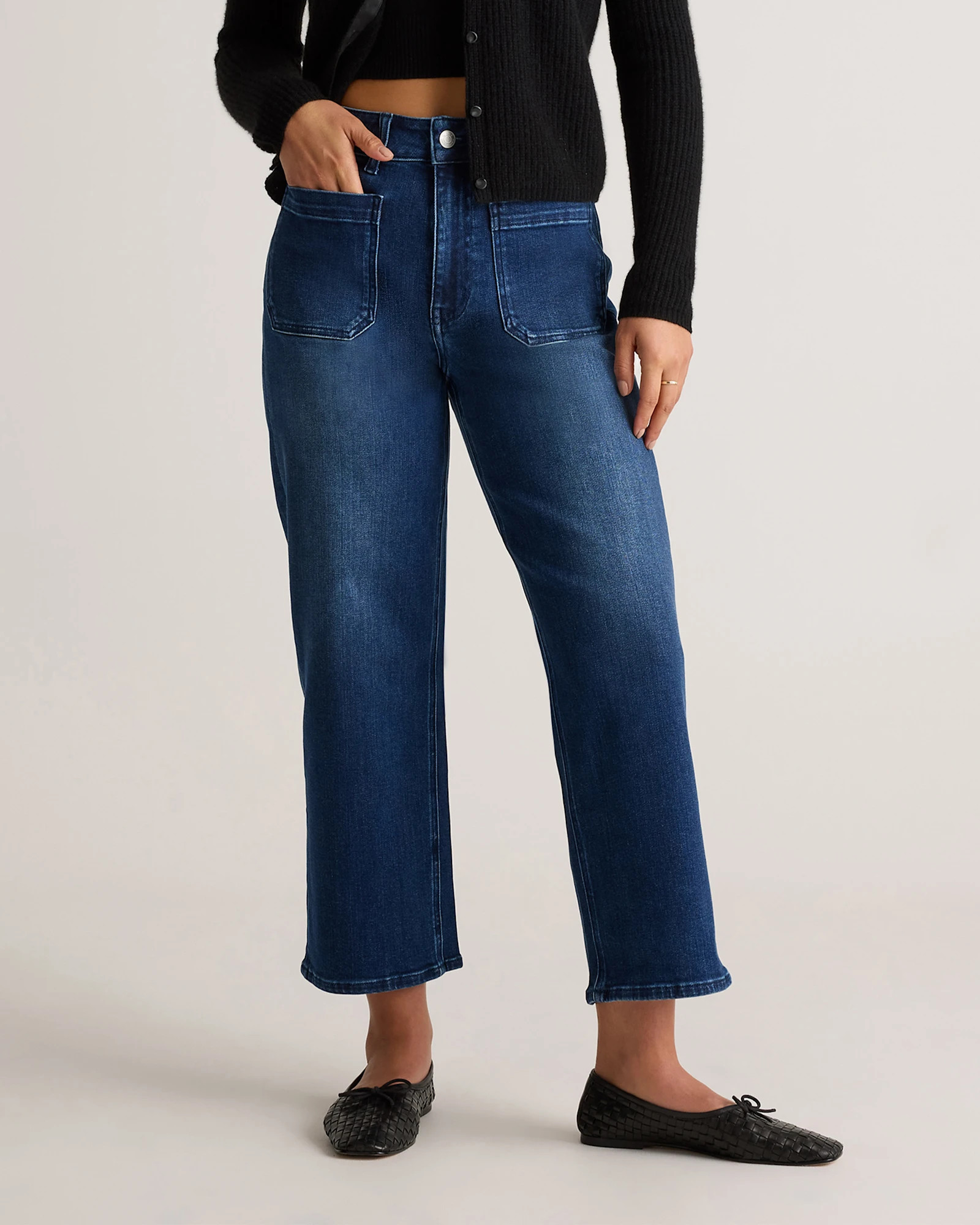 Quince | Women's Stretch High Rise Patch Pocket Wide Leg Jeans in Dark Wash, Size 24, Organic Cotton | Quince
