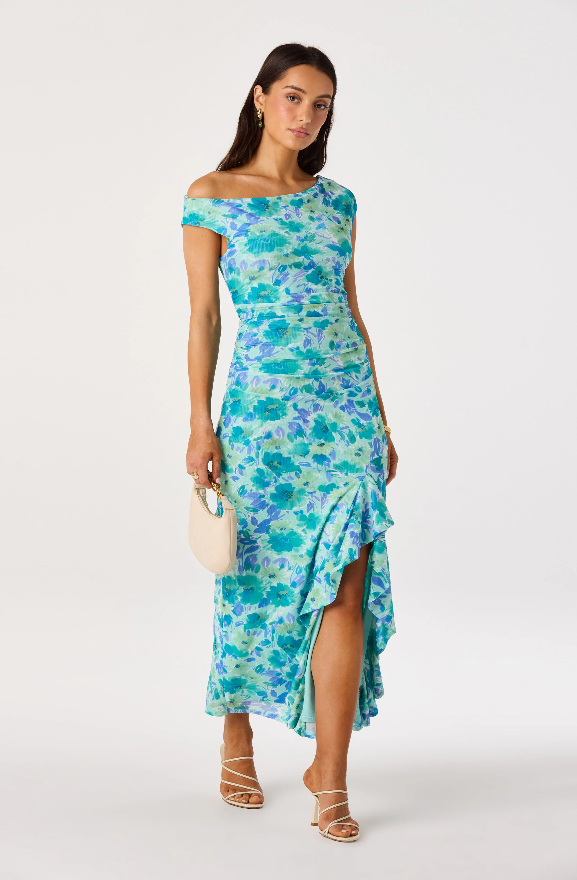 Off Shoulder Ruched Floral Midi Dress - Blue floral / XS | ASTR The Label (US)