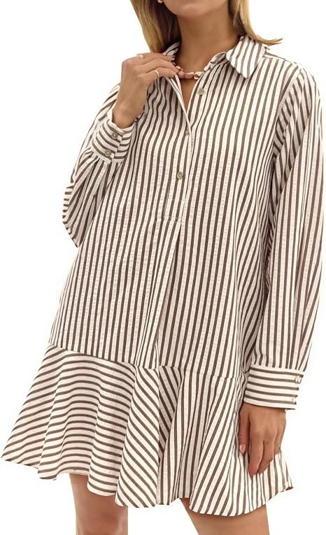 EZAPINE Womens Striped Shirt Mini Dress Long Sleeve Collared Ruffle Hem Button Up Tunic Flowy Swi... | Amazon (US)
