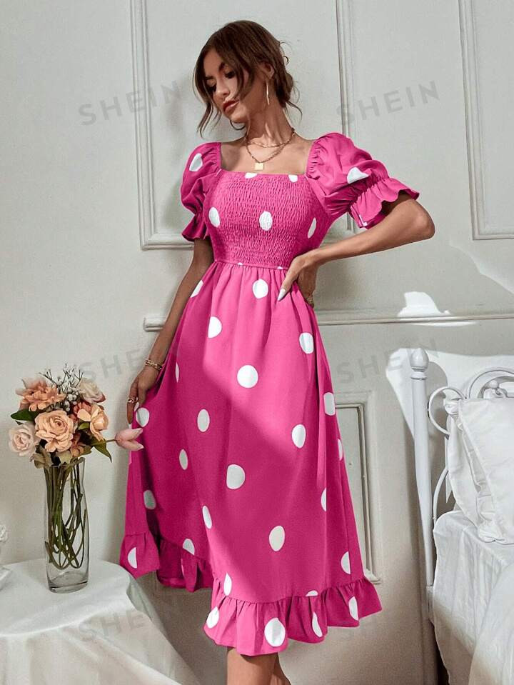 SHEIN Frenchy Polka Dot Printed Square Collar Short Sleeve Dress With Ruffled Hemline | SHEIN USA | SHEIN