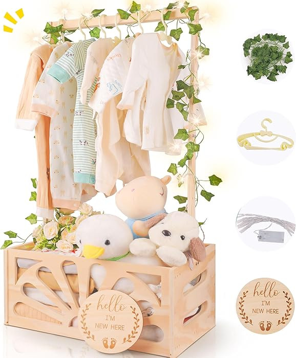 Wooden Baby Shower Crate Closet-Baby Shower Basket with Handle Hanger Rack String Lights Welcome ... | Amazon (US)