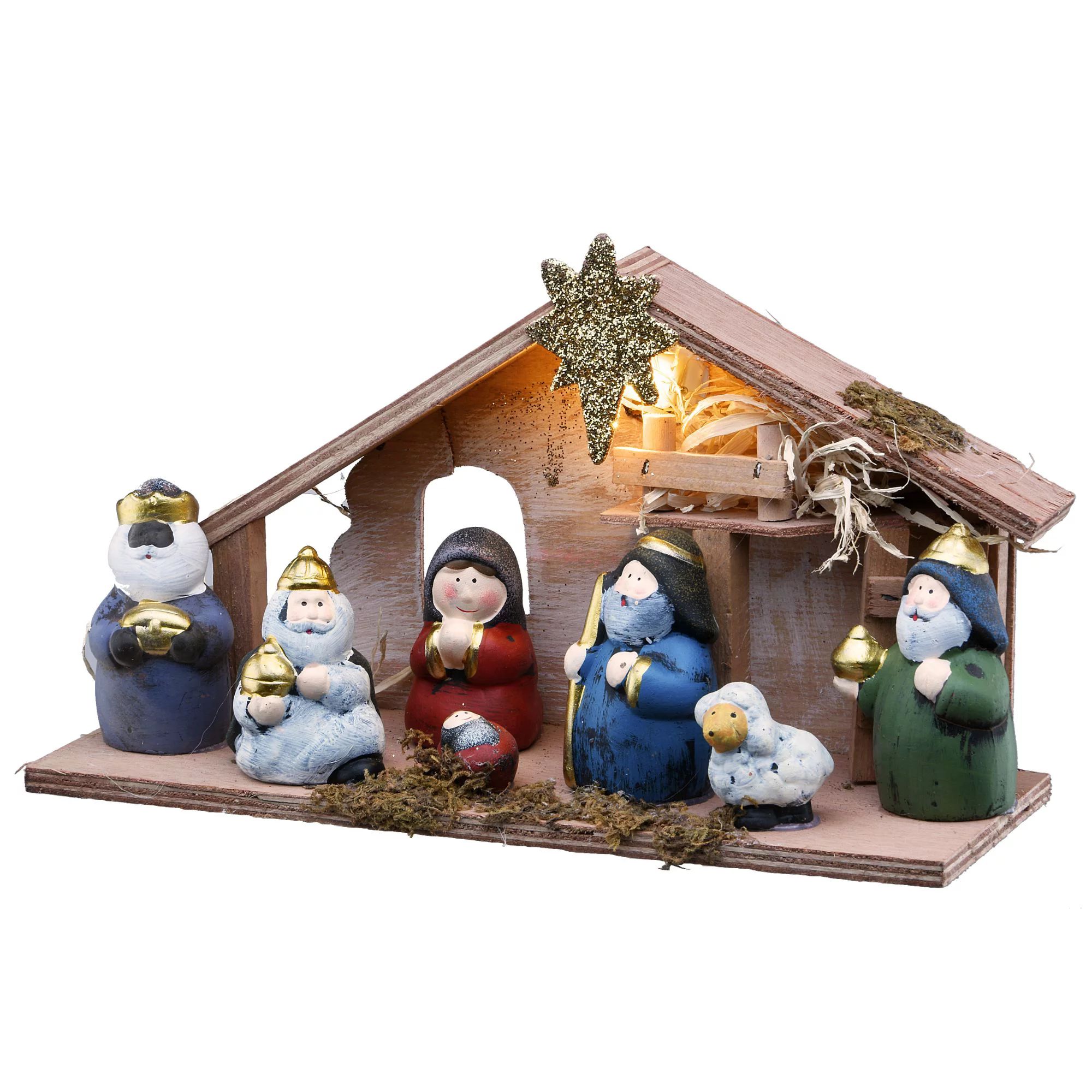 6.5" Brown and Red Nativity Set with Light Christmas Tabletop Decor - Walmart.com | Walmart (US)